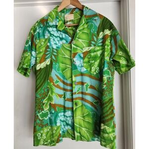 Royal Hawaiian Men's L Hawaiian Shirt Green Floral Short Sleeve Button-Up Tropic
